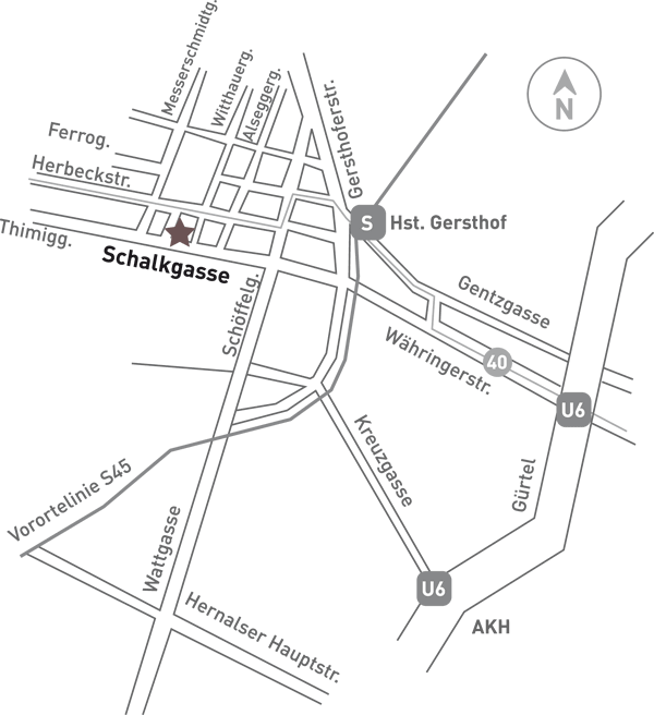 Anfahrtsplan zur Praxis Possnigg in der Schalkgasse 2, 1180 Wien, mit Bahnhof Gersthof und U6-Stationen.